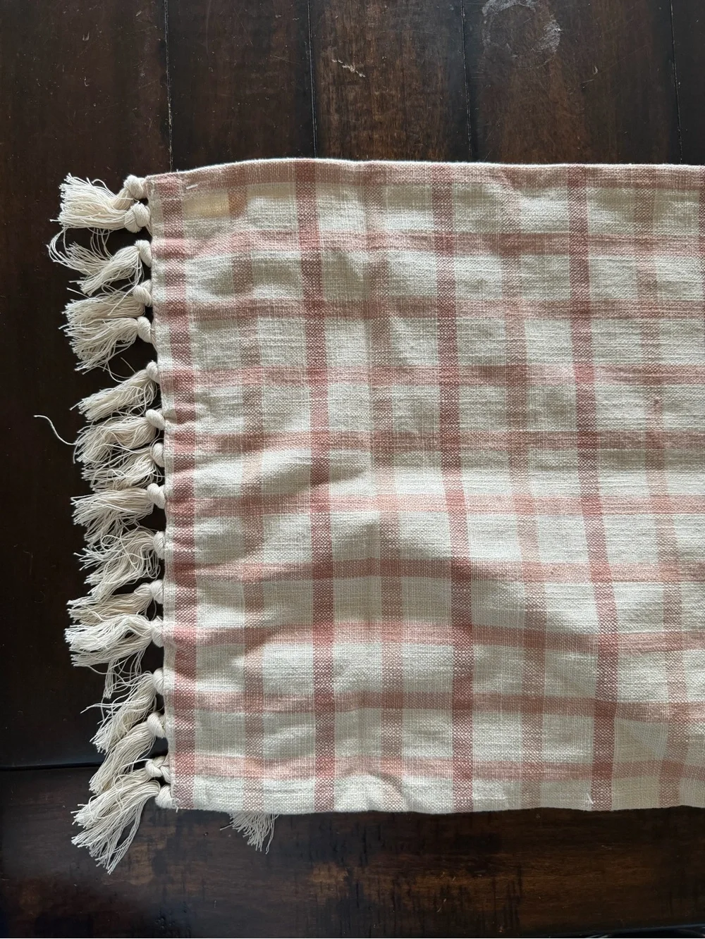 Threshold table runner.  Soft Pink Plaid with Tassels